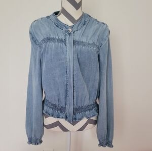 Sanctuary Denim Zip Ruffle Jacket Cropped Smocking Details Sz M Cinched Stretch